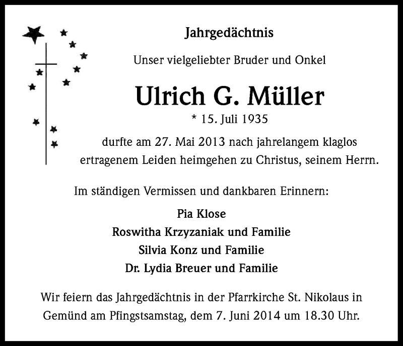  Traueranzeige für Ulrich G. Müller vom 27.05.2014 aus Kölner Stadt-Anzeiger / Kölnische Rundschau / Express