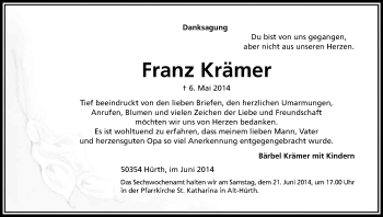 Anzeige von Franz Krämer von Kölner Stadt-Anzeiger / Kölnische Rundschau / Express