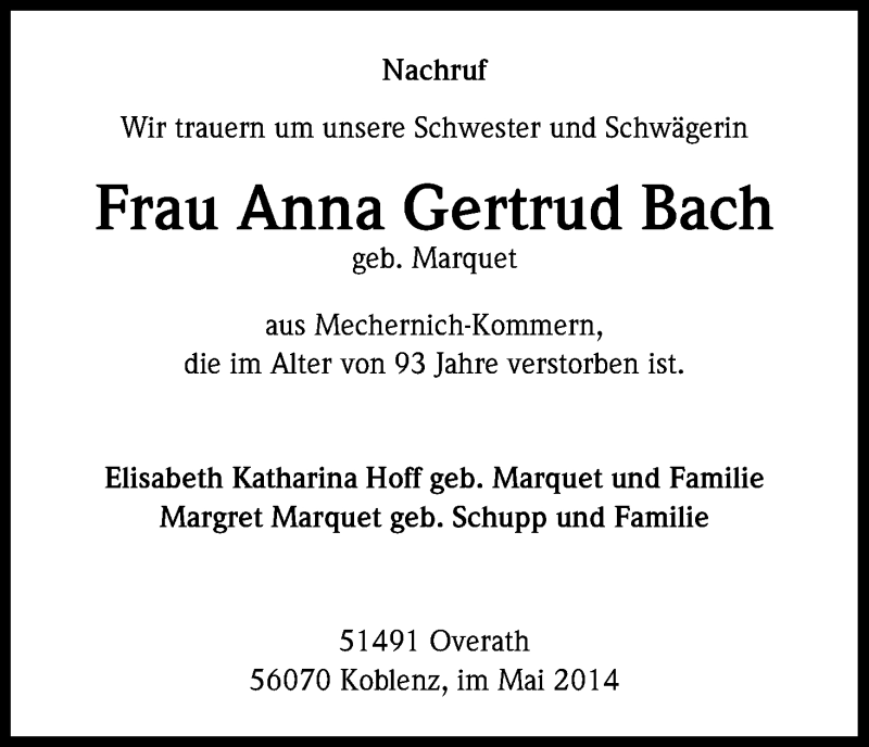  Traueranzeige für Anna Gertrud Bach vom 24.05.2014 aus Kölner Stadt-Anzeiger / Kölnische Rundschau / Express