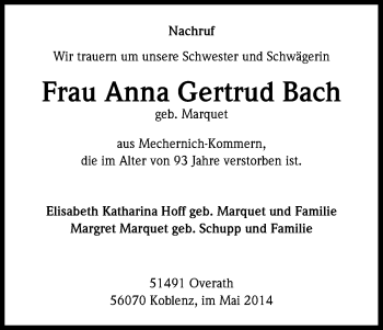 Anzeige von Anna Gertrud Bach von Kölner Stadt-Anzeiger / Kölnische Rundschau / Express