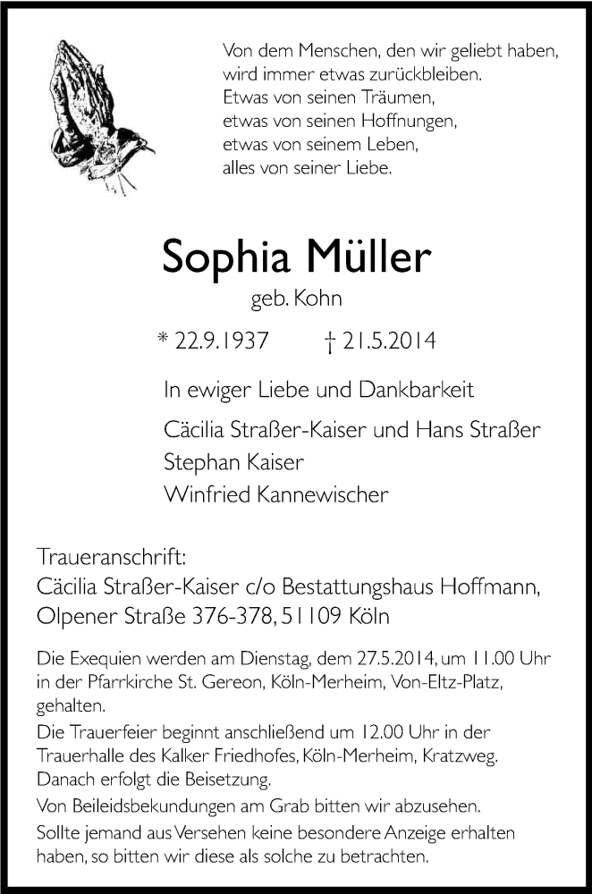  Traueranzeige für Sophia Müller vom 24.05.2014 aus Kölner Stadt-Anzeiger / Kölnische Rundschau / Express