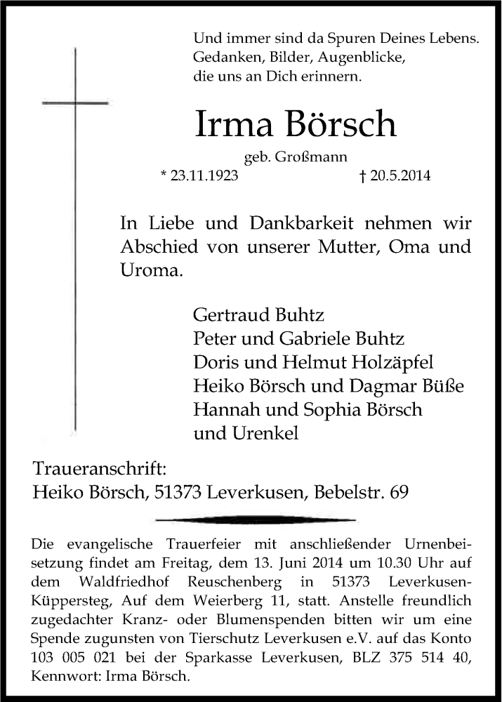  Traueranzeige für Irma Börsch vom 07.06.2014 aus Kölner Stadt-Anzeiger / Kölnische Rundschau / Express