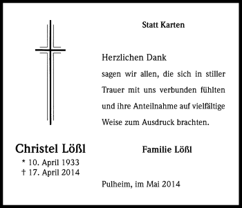 Anzeige von Christel Löß von Kölner Stadt-Anzeiger / Kölnische Rundschau / Express