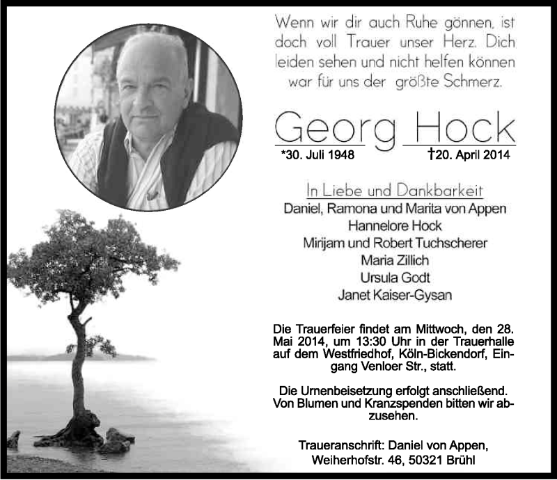  Traueranzeige für Georg Hock vom 24.05.2014 aus Kölner Stadt-Anzeiger / Kölnische Rundschau / Express