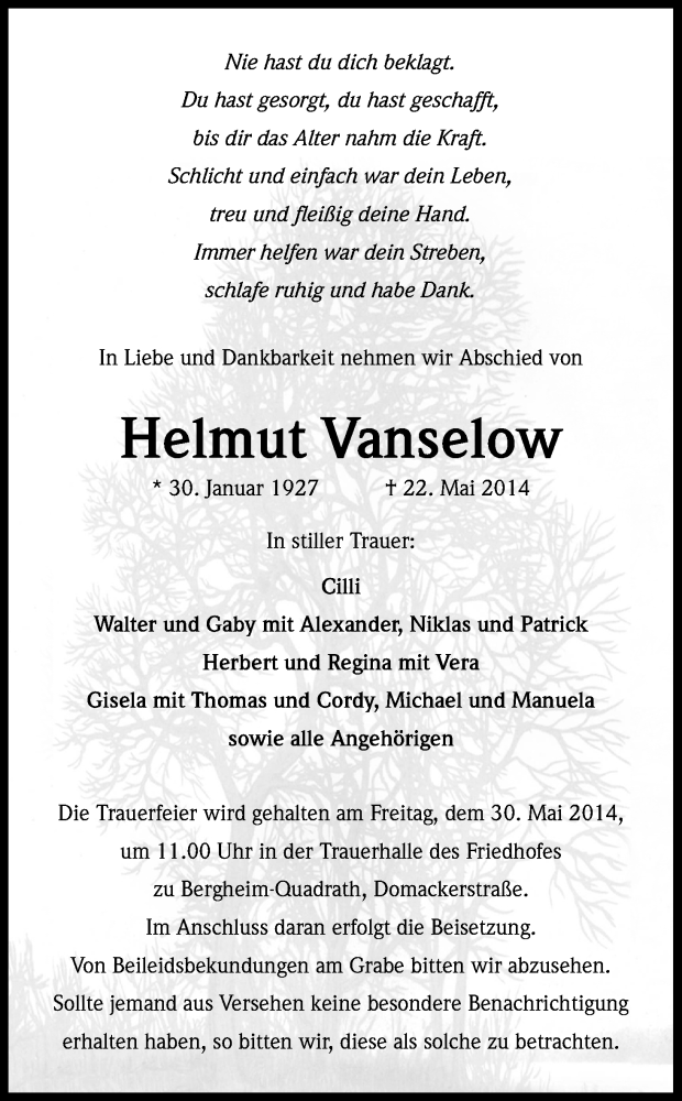  Traueranzeige für Helmut Vanselow vom 24.05.2014 aus Kölner Stadt-Anzeiger / Kölnische Rundschau / Express