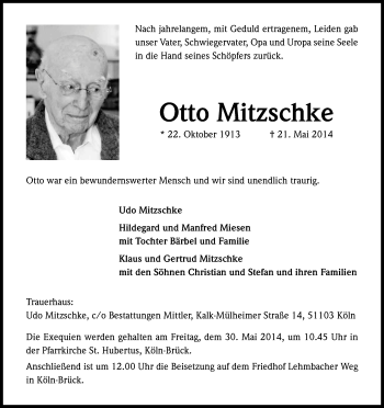Anzeige von Otto Mitzschke von Kölner Stadt-Anzeiger / Kölnische Rundschau / Express
