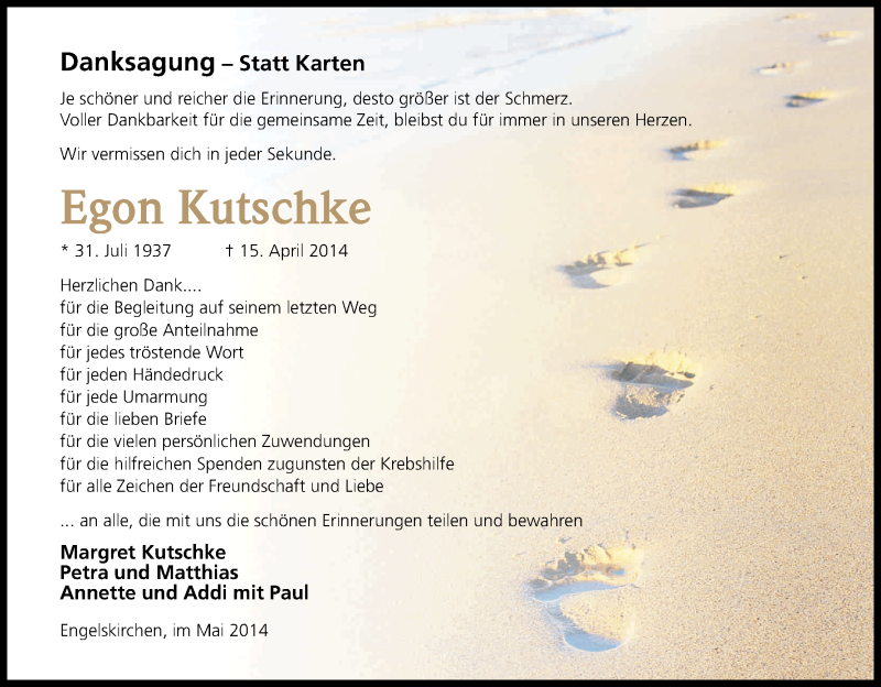  Traueranzeige für Egon Kutschke vom 31.05.2014 aus Kölner Stadt-Anzeiger / Kölnische Rundschau / Express