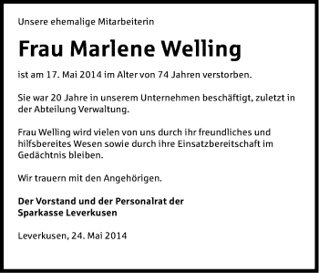 Anzeige von Marlene Welling von Kölner Stadt-Anzeiger / Kölnische Rundschau / Express