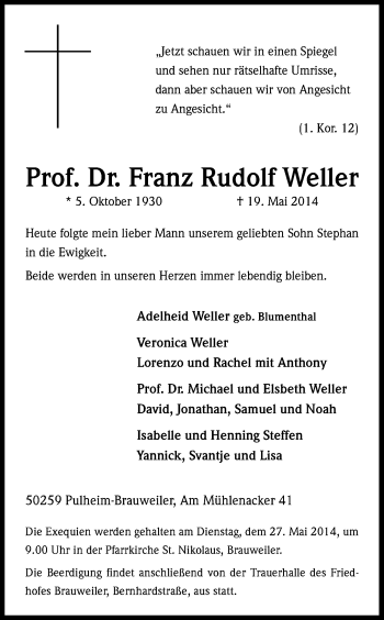 Anzeige von Franz Rudolf Weller von Kölner Stadt-Anzeiger / Kölnische Rundschau / Express