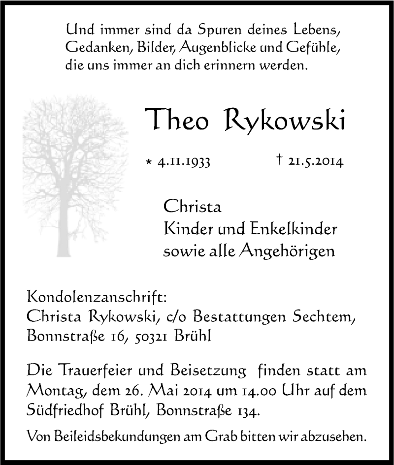  Traueranzeige für Theo Rykowski vom 24.05.2014 aus Kölner Stadt-Anzeiger / Kölnische Rundschau / Express