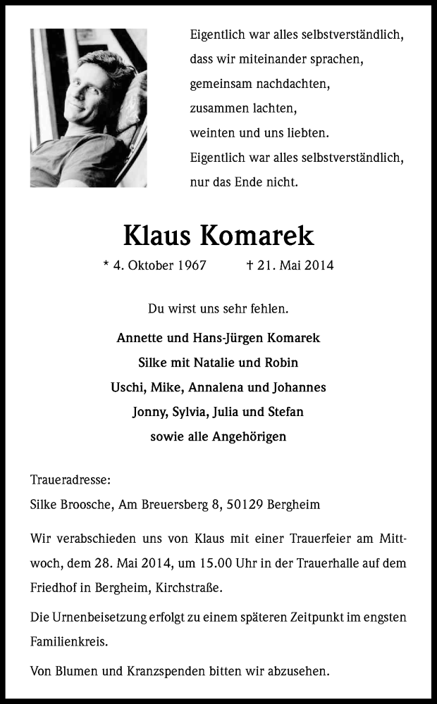 Traueranzeigen Von Klaus Komarek Wirtrauern