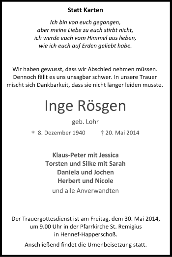 Anzeige von Inge Rösgen von Kölner Stadt-Anzeiger / Kölnische Rundschau / Express