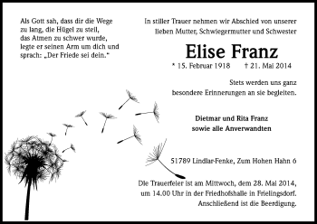 Anzeige von Elise Franz von Kölner Stadt-Anzeiger / Kölnische Rundschau / Express