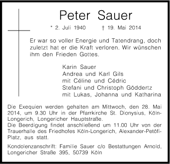 Anzeige von Peter Sauer von Kölner Stadt-Anzeiger / Kölnische Rundschau / Express