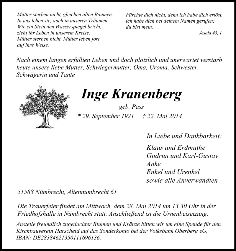  Traueranzeige für Inge Kranenberg vom 24.05.2014 aus Kölner Stadt-Anzeiger / Kölnische Rundschau / Express