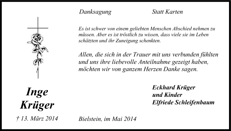  Traueranzeige für Inge Krüger vom 24.05.2014 aus Kölner Stadt-Anzeiger / Kölnische Rundschau / Express