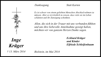 Anzeige von Inge Krüger von Kölner Stadt-Anzeiger / Kölnische Rundschau / Express