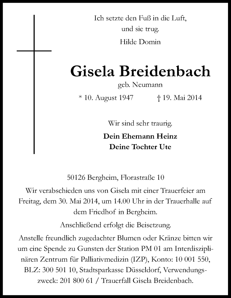  Traueranzeige für Gisela Breidenbach vom 24.05.2014 aus Kölner Stadt-Anzeiger / Kölnische Rundschau / Express