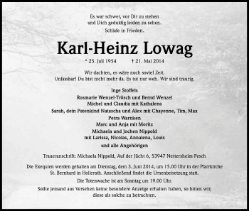 Anzeige von Karl-Heinz Lowag von Kölner Stadt-Anzeiger / Kölnische Rundschau / Express