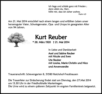 Anzeige von Kurt Reuber von Kölner Stadt-Anzeiger / Kölnische Rundschau / Express