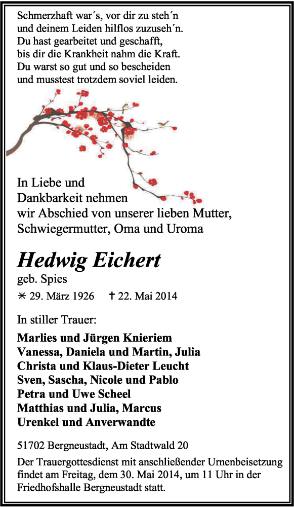  Traueranzeige für Hedwig Eichert vom 24.05.2014 aus Kölner Stadt-Anzeiger / Kölnische Rundschau / Express