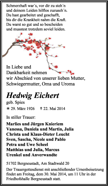 Anzeige von Hedwig Eichert von Kölner Stadt-Anzeiger / Kölnische Rundschau / Express