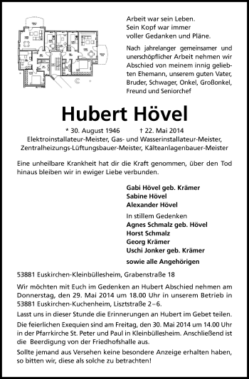 Anzeige von Hubert Hövel von Kölner Stadt-Anzeiger / Kölnische Rundschau / Express