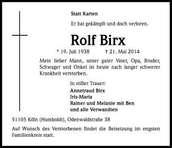 Anzeige von Rolf Birx von Kölner Stadt-Anzeiger / Kölnische Rundschau / Express