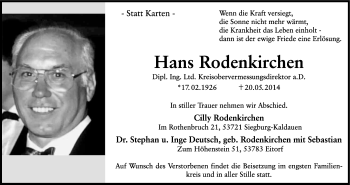 Anzeige von Hans Rodenkirchen von Kölner Stadt-Anzeiger / Kölnische Rundschau / Express