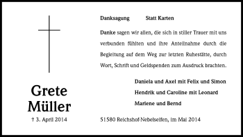 Anzeige von Grete Müller von Kölner Stadt-Anzeiger / Kölnische Rundschau / Express