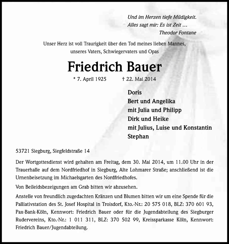  Traueranzeige für Friedrich Bauer vom 24.05.2014 aus Kölner Stadt-Anzeiger / Kölnische Rundschau / Express