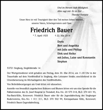 Anzeige von Friedrich Bauer von Kölner Stadt-Anzeiger / Kölnische Rundschau / Express