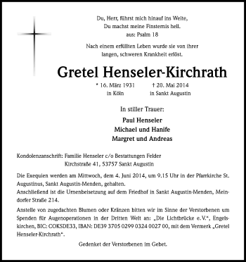 Anzeige von Gretel Henseler-Kirchrath von Kölner Stadt-Anzeiger / Kölnische Rundschau / Express