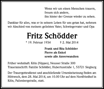 Anzeige von Fritz Schödder von Kölner Stadt-Anzeiger / Kölnische Rundschau / Express