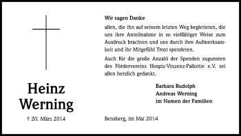 Anzeige von Heinz Werning von Kölner Stadt-Anzeiger / Kölnische Rundschau / Express