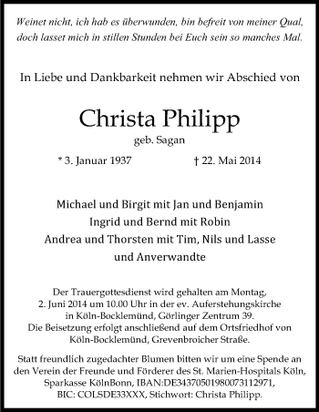 Anzeige von Christa Philipp von Kölner Stadt-Anzeiger / Kölnische Rundschau / Express