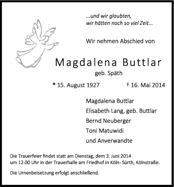 Anzeige von Magdalena Buttlar von Kölner Stadt-Anzeiger / Kölnische Rundschau / Express