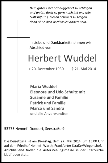 Anzeige von Herbert Wuddel von Kölner Stadt-Anzeiger / Kölnische Rundschau / Express