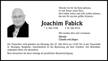 Anzeige von Joachim Fabick von Kölner Stadt-Anzeiger / Kölnische Rundschau / Express