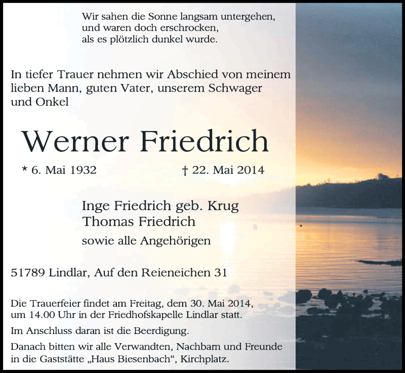  Traueranzeige für Werner Friedrich vom 24.05.2014 aus Kölner Stadt-Anzeiger / Kölnische Rundschau / Express