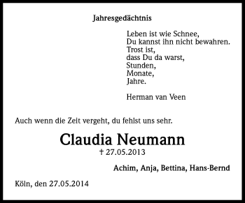 Anzeige von Claudia Neumann von Kölner Stadt-Anzeiger / Kölnische Rundschau / Express