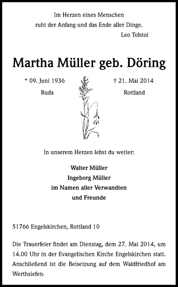 Anzeige von Martha Müller von Kölner Stadt-Anzeiger / Kölnische Rundschau / Express