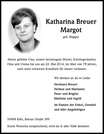Anzeige von Katharina Breuer von Kölner Stadt-Anzeiger / Kölnische Rundschau / Express