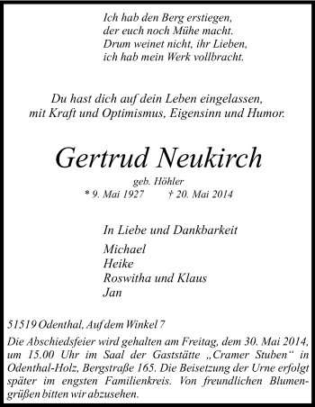 Anzeige von Gertrud Neukirch von Kölner Stadt-Anzeiger / Kölnische Rundschau / Express