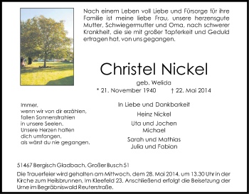 Anzeige von Christel Nickel von Kölner Stadt-Anzeiger / Kölnische Rundschau / Express