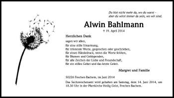 Anzeige von Alwin Bahlmann von Kölner Stadt-Anzeiger / Kölnische Rundschau / Express