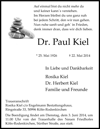 Anzeige von Paul Kiel von Kölner Stadt-Anzeiger / Kölnische Rundschau / Express