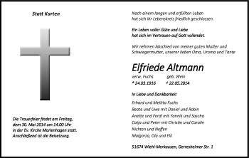 Anzeige von Elfriede Altmann von Kölner Stadt-Anzeiger / Kölnische Rundschau / Express
