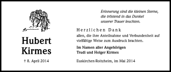 Anzeige von Hubert Kirmes von Kölner Stadt-Anzeiger / Kölnische Rundschau / Express