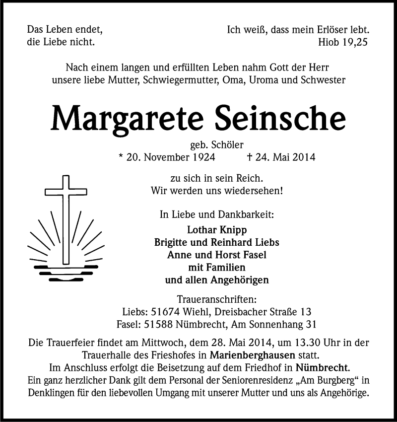  Traueranzeige für Margarete Seinsche vom 26.05.2014 aus Kölner Stadt-Anzeiger / Kölnische Rundschau / Express